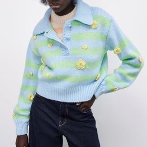 Zara Knit Floral Appliqué Polo Collared Sweater Sz Small